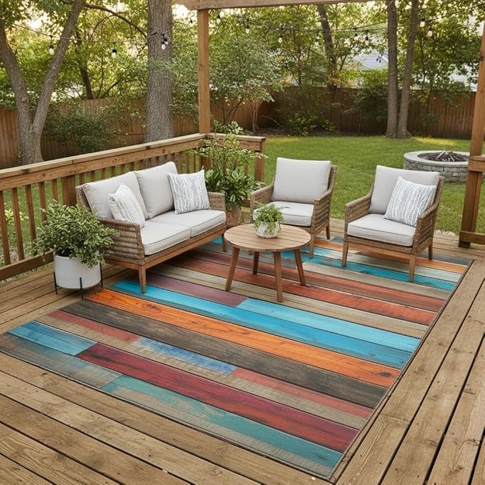 Vibrant Orange Blue Red Rustic Wood Grain Outdoor Rug 7x9 Waterproof Multicolor Wooden Board Print Farmhouse Area Rugs Non Skid Quick Dry Carpet for Patio Balcony Camping Porch Pool Deck Doormat