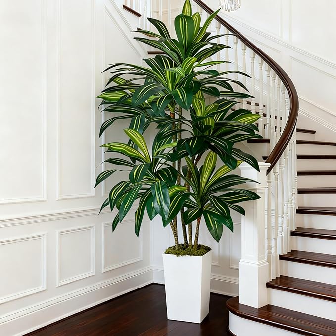 Artificial Dracaena Plant 6FT - Fake Tree with Tall Planter and Fairy Lights, Artificial Trees Faux Yucca Plants Indoor, Fake Plants for Home Office Living Room Decor