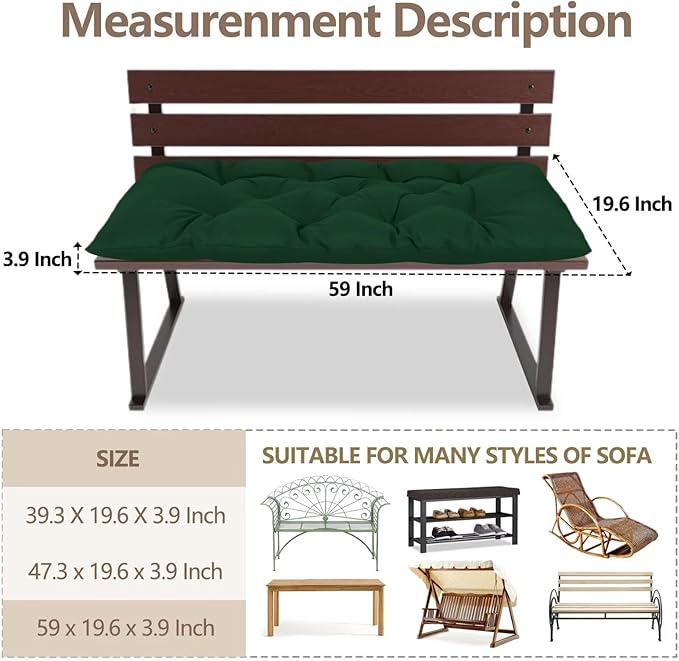59 inch Indoor/Outdoor Bench Cushion, Swing Cushion,2/3 seat Thick Outdoor Garden Bench Seat Cushion Backrest Waterproof Bench Pad (59 X 19.13 in,Dark Green)