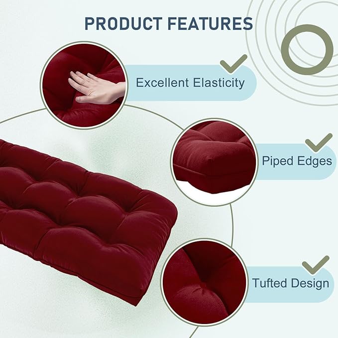 downluxe Outdoor Bench Cushion for Patio Furniture, Waterproof Tufted Overstuffed Porch Swing Cushions, Thick Outdoor Loveseat Cushions, 59" x 18" x 5", Burgundy, Set of 1