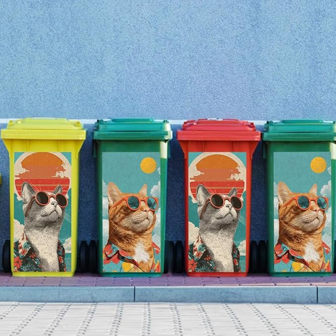 2PC Trash Can Sticker 14.57 x 32.28 Inch Cool Cat Design Summer Beach Theme Decorative Garbage Bin Cover Outdoor Trash Can Decal Art for Home Yard Garden Holiday Decoration