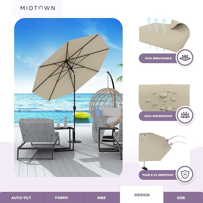 Midtown Umbrellas - 10-Year-No-Fade 9 Ft Patio Umbrella with Terylast Fabric, Auto-Tilt Aluminum Frame and 8 Reinforced Ribs for Deck, Pool, Garden & Beach - Chestnut Beige Canopy, Black Pole