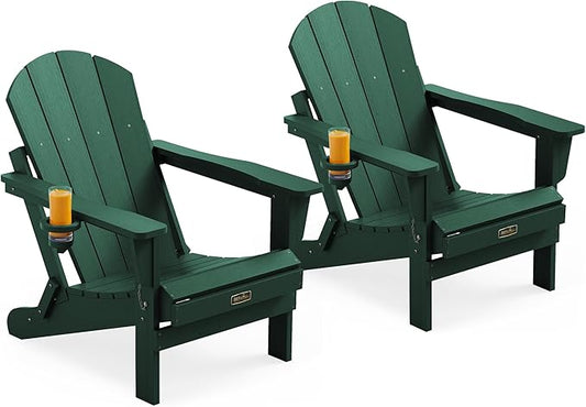 SERWALL Foldable Adirondack Chair Set of 2 for Patio Garden All Weather Adirondack Chairs with Cup Holder Outdoors Fire Pit Chairs-Green