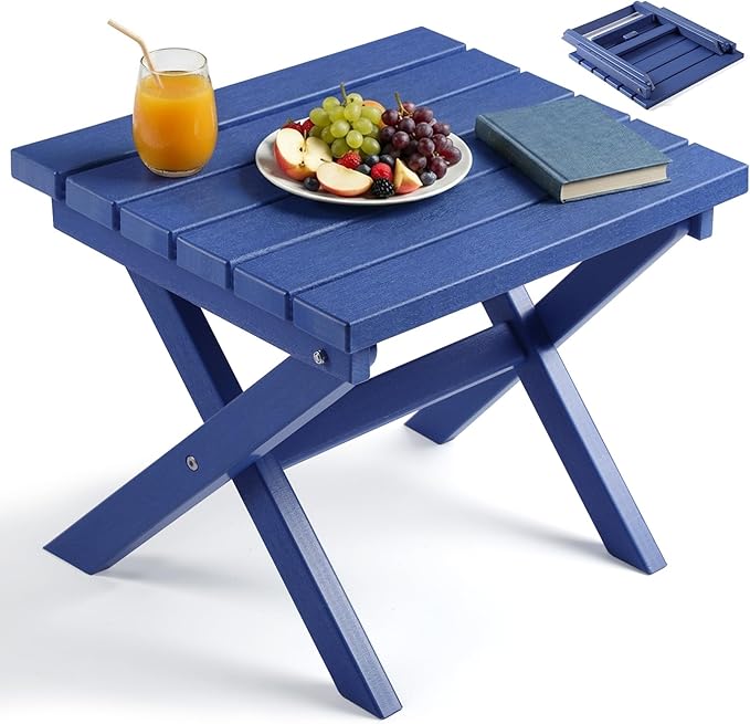 PASAMIC Folding Outdoor Side Table, HDPE Adirondack Patio End Table, Portable, No Assembly, Weather-Resistant for Camping, RV, Poolside, Garden, Indoor & Outdoor Use (Blue)