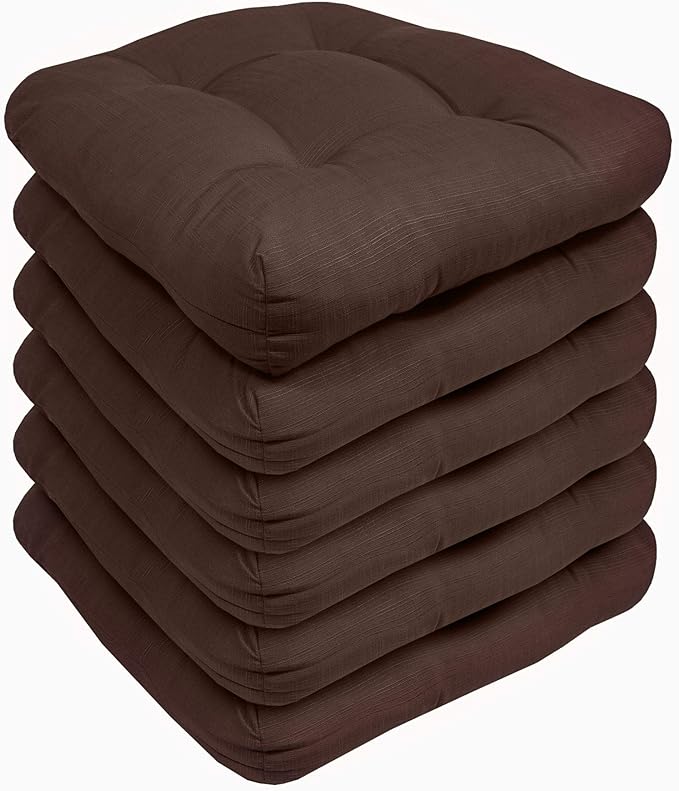 Sweet Home Collection Patio Cushions Outdoor Chair Pads Premium Comfortable Thick Fiber Fill Tufted 19" x 19" Seat Cover, 6 Pack, Chocolate