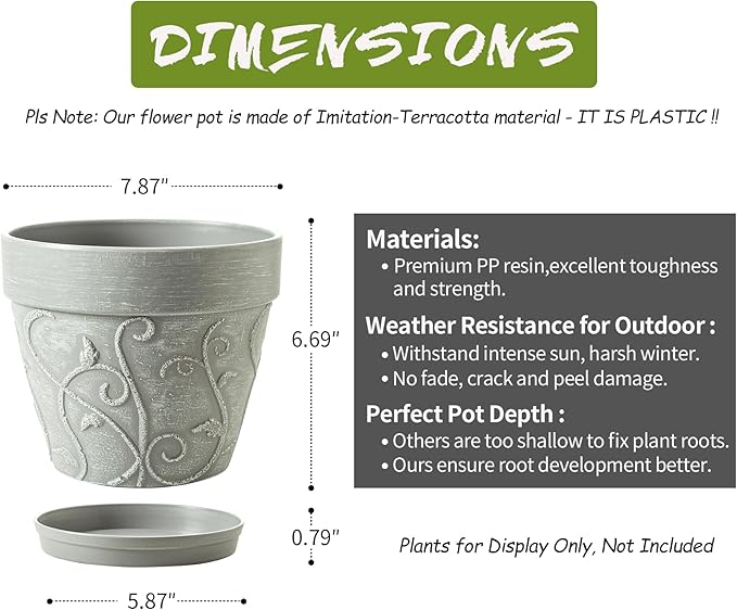 Melphoe Plant Pots Indoor with Drainage & Saucer, 2Pack 8 inch Flower Pots Outdoor Planters for Indoor Plants Garden Home Decor Cactus Succulent, Rigid Plastic (Imitation-Terracotta) Vine-Embossed