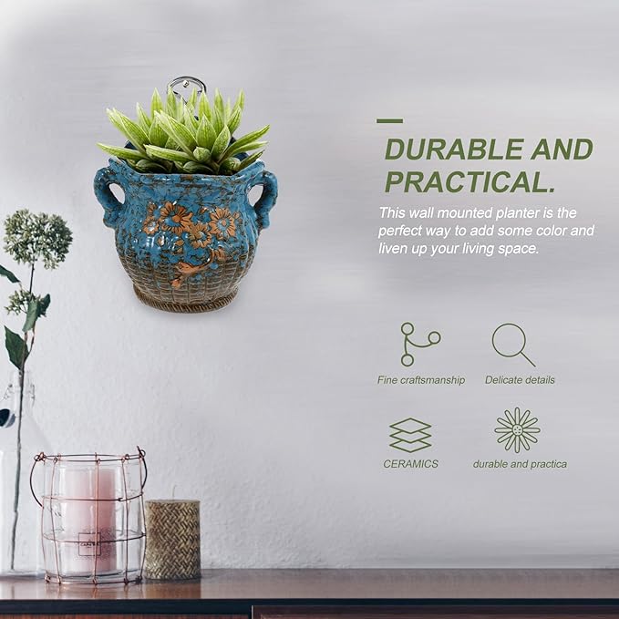 Ceramic Wall Mounted Succulent Flowerpot with Drainage Hole, Hanging Bonsai Plant Container for Indoor Garden Decor, Sturdy Ceramic Wall Planter Pot