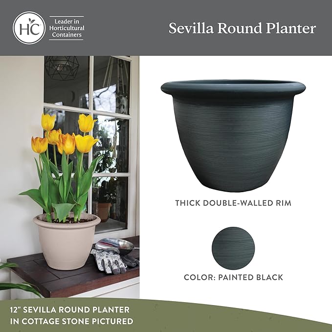 The HC Companies Sevilla Flower Planters - Durable Outdoor & Indoor Planter - Round Lightweight Self Watering Plant Pots for Herbs & More (12" Painted Black, Pack of 1)