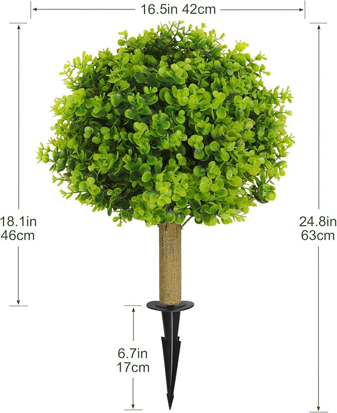 Set of 2 Artificial Boxwood Topiary Ball Bush for Outdoor with Spike,UV Resistant Faux Boxwood Ball Tree with Stake,Weatherproof Fake Round Topiary Shrub Plant for Front Porch Planter