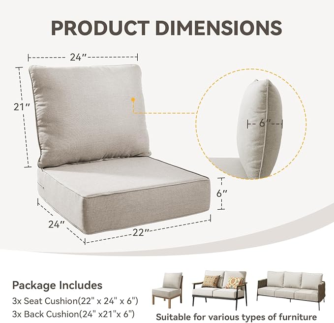 Outdoor Cushion Set for Furniture Patio Furniture, UV Resistant, Water Resistant - 6 Inch Thick Foam Garden Cushions– 22x24 Inch Patio Seat Covers for Chair/Sofa/Couch | Beige | 3-Pack |