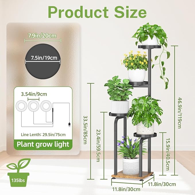 iDavosic.ly Tall Plant Stand Indoor with Grow Light, 4 Tier Corner Multiple Flower Holder Shelf with Metal Trays, Space Saving Display Rack for Living Room Balcony Patio Porch | Black & Brown