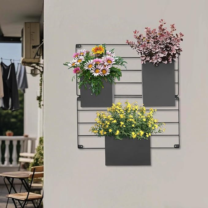Vertical Garden Wall Planter, Wall Mounted Plant Holder with Grid and 3 Pots, Indoor Outdoor Hanging Garden Planter for Patio Herb Load Capacity 44.09 lbs 19.69x19.69inch (Black)