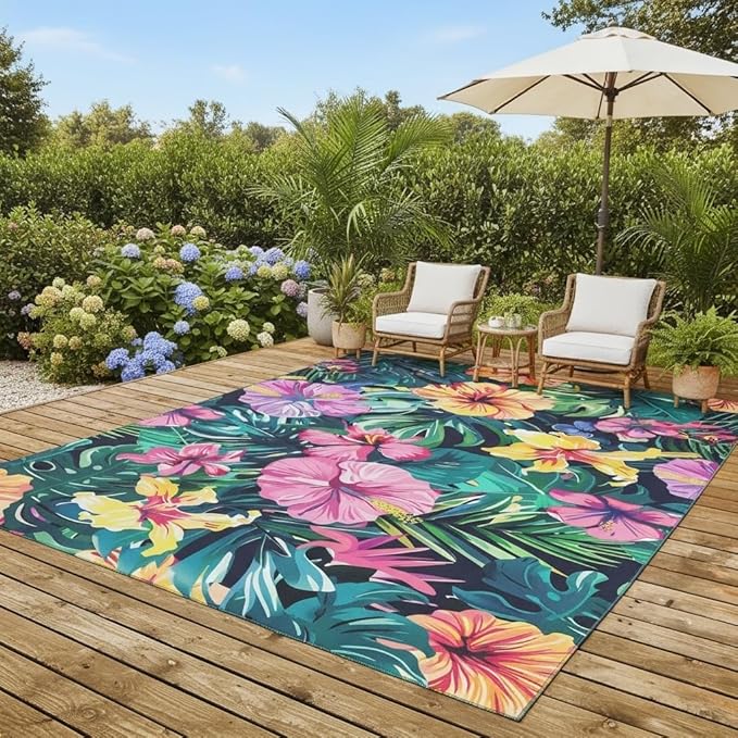 Tropical Botanical Floral Outdoor Rug Contemporary Aesthetic Green Pink Yellow Flower Texture Rug for Balcony Patio Deck Garden Washable Non Slip Large Carpet Waterproof Camping Rv Picnic Mat 10x12