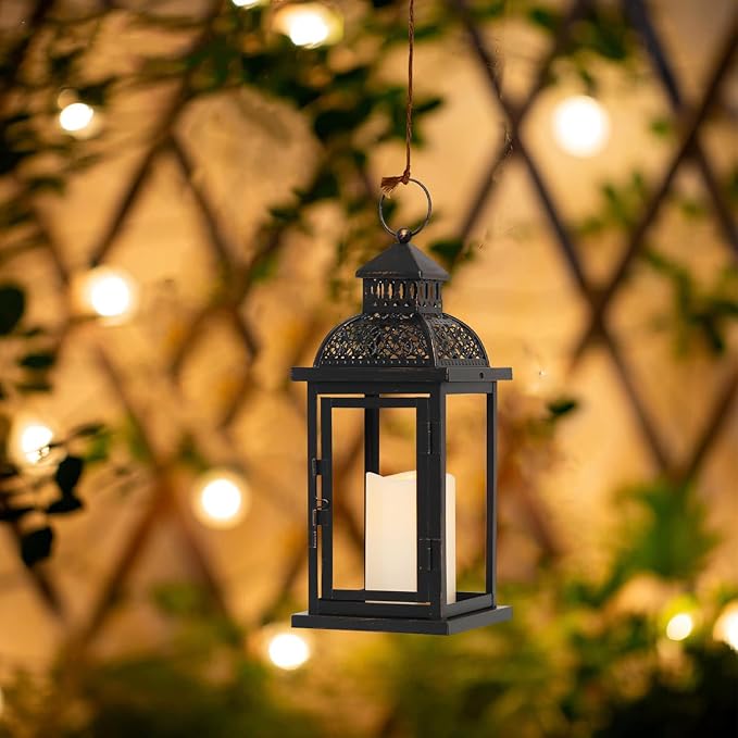NEEDOMO Lanterns Decorative Indoor & Outdoor, 15'' Lantern with LED Candle, Vintage Metal Hanging Lanterns for Patio, Front Porch,Yard, Table, Spring (NO Glass)