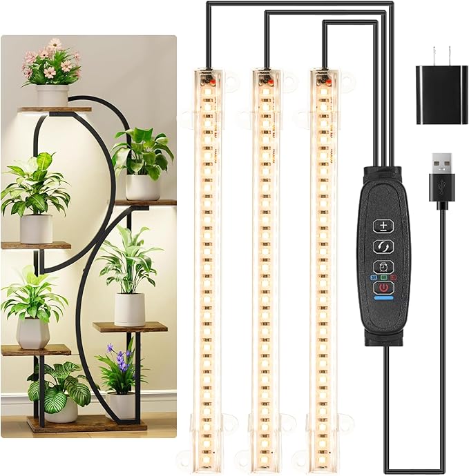 LED Grow Light Strips, Grow Lamps for Indoor Plants Full Spectrum 3000K, 72 LEDs Plant Light with 3/9/12H Timer, 10 Dimmable Levels for Seedling Succulent, 3 Head 7.8 Inches