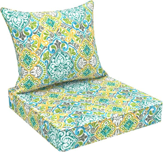 Outdoor Deep Seat Cushion Set, Water Repellent 24"x24" Patio Thick Cushions Replacement with Seat & Back Pillow for Patio Sofa, Wicker Chair, Couch - Damask Green