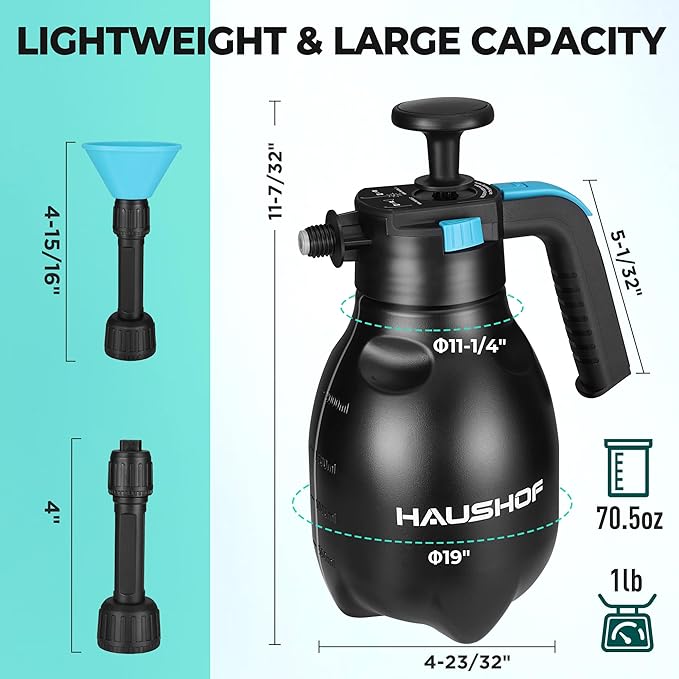 HAUSHOF Hand Pump Sprayer 1/2 Gallon, Pressure Garden Spray Bottle for Plants, Weeds, Flowers, Foam Sprayer Car Detailing with 2 Adjustable Nozzles, Lawn Watering & Outdoor Cleaning, 2L