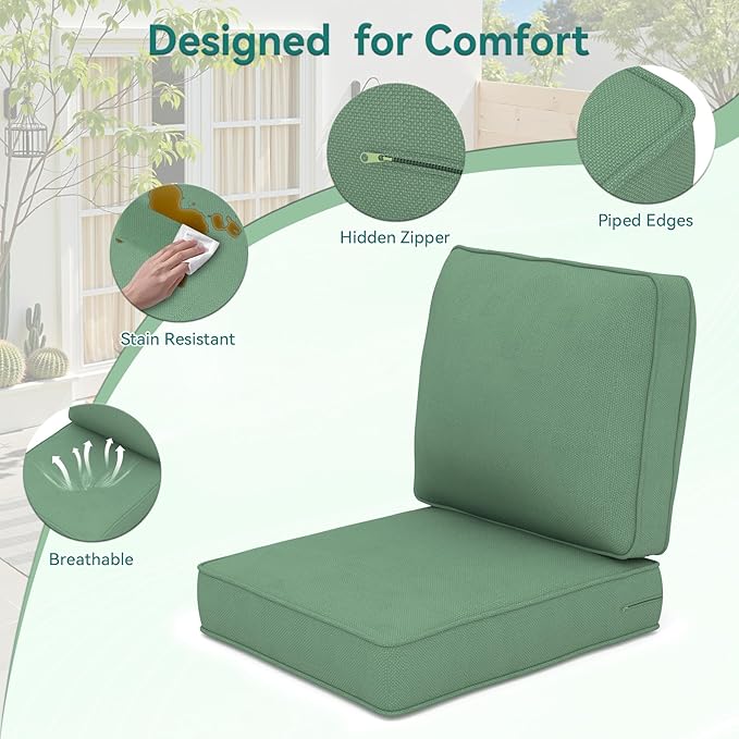 Outdoor Chair Cushions 23" x 24" x 4", Patio Deep Seat Replacement Cushions Set with Zippered Removable Cover, Weather-Resistant Olefin Fabric for Garden Chair Sofa Couch, Set of 2, Green