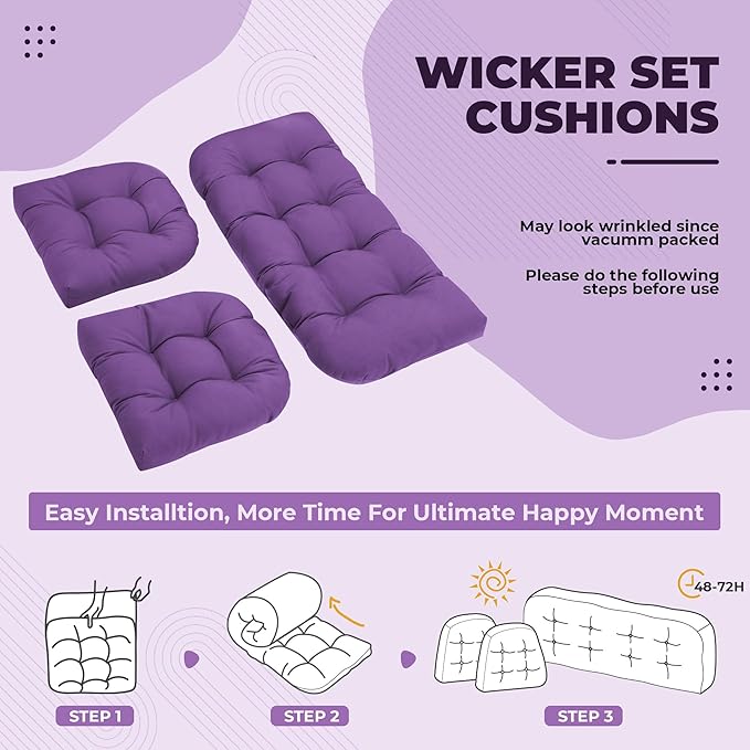 Wicker Chair Cushions, Waterproof Outdoor Loveseat Cushions for Patio Furniture, 3 Pieces Wicker Furniture Cushions, 1 Loveseat and 2 U-Shaped Cushions, Purple