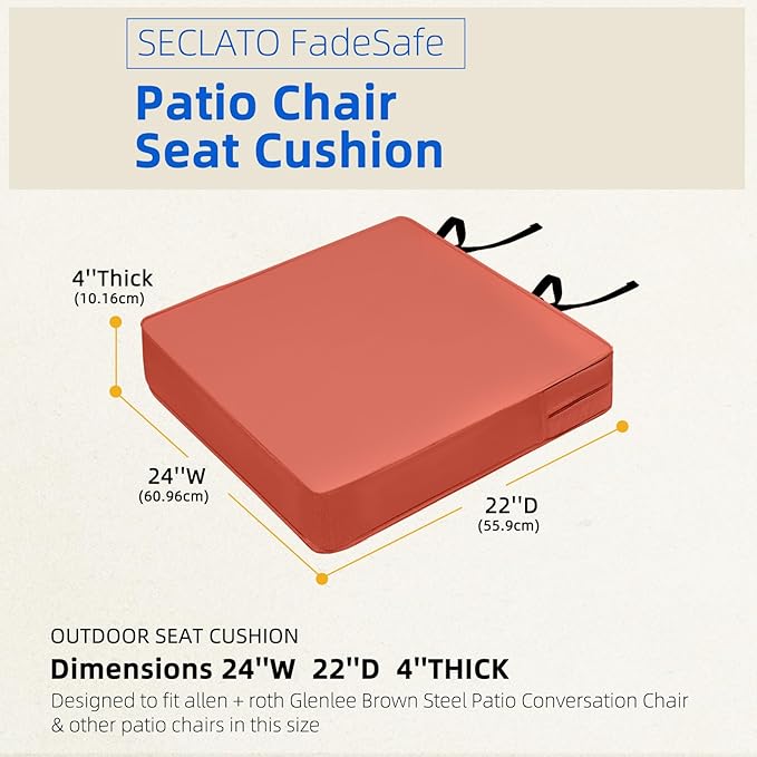 24 Inch Outdoor Chair Cushion Set of 2, Waterproof Patio Seat Cushions for Dining Chairs, High-Density Foam Garden Bench Cushions with Ties, UV Resistant Indoor/Outdoor Use, Spice 2pc