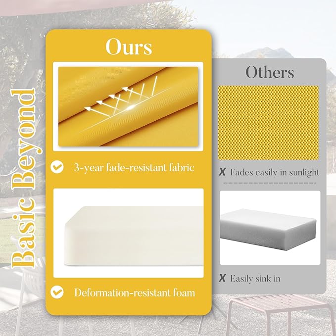 Basic Beyond Outdoor Chair Cushions for Patio Furniture, Waterproof Outdoor Seat Cushions Set of 4 18 x 18, Patio Chair Cushions Set of 4 with Ties and Handle, Yellow