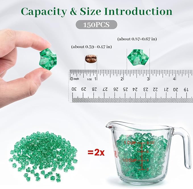 DomeStar 150PCS Fake Ice, Green Acrylic Fake Diamonds Plastic Gems for Vase Fillers Fish Tank Table Scatter Sensory Bin Filler Decoration Pirate Party Treasure Hunt Game Party Favors