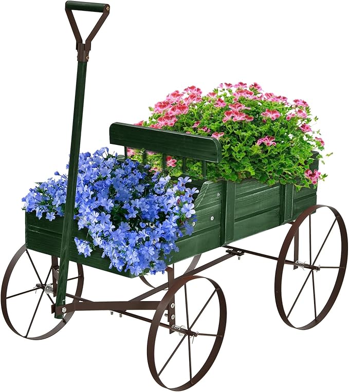 Wooden Wagon Planter with Wheels, Indoor/Outdoor Flower Cart w/Dual-Compartment & Adjustable Handle, Decorative Garden Planter for Home, Yard, Wedding (Green)