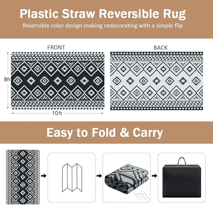 LILIOFFIC Outdoor Rug Waterproof 8x10 ft Outdoor Carpet Patio Rug Mat Reversible RV Camping Rug Plastic Straw Rug Outside Outdoor Area Rug for Patio Deck Balcony Backyard Picnic Beach