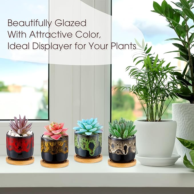 12 Pcs Succulent Pots 2.5 Inch Mini Ceramic Succulent Garden Flower Pots Planters with Drainage and Bamboo Tray for Indoor Garden Plants Planters Colorful Flower Pot(Cylindrical,2.3 Inch H)