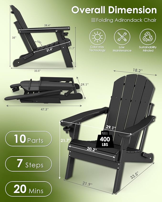 GREENVINES Folding-Adirondack-Chairs-Set-of-2 | HDPE Plastic | Fire Pit Chair | All Weather | Cup Holder | Black | for Deck Backyard Patio Outdoor Garden