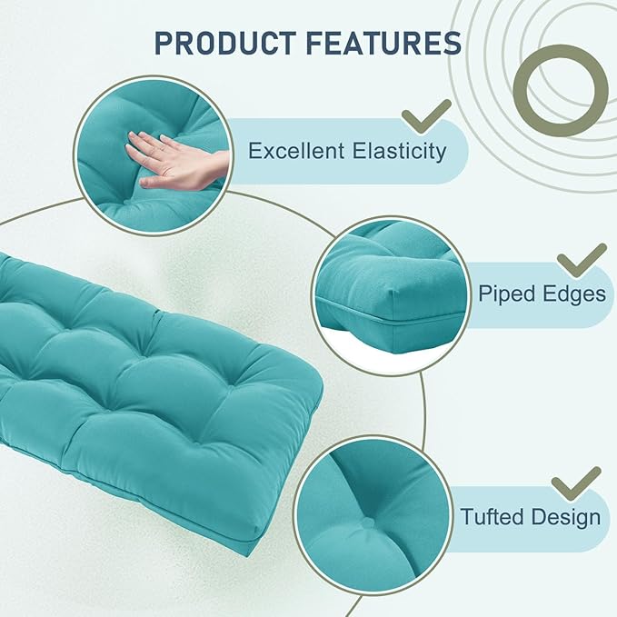 downluxe Outdoor Bench Cushion for Patio Furniture, Waterproof Tufted Overstuffed Porch Swing Cushions, Thick Outdoor Loveseat Cushions, 44" X 19" X 5", Teal, Set of 1