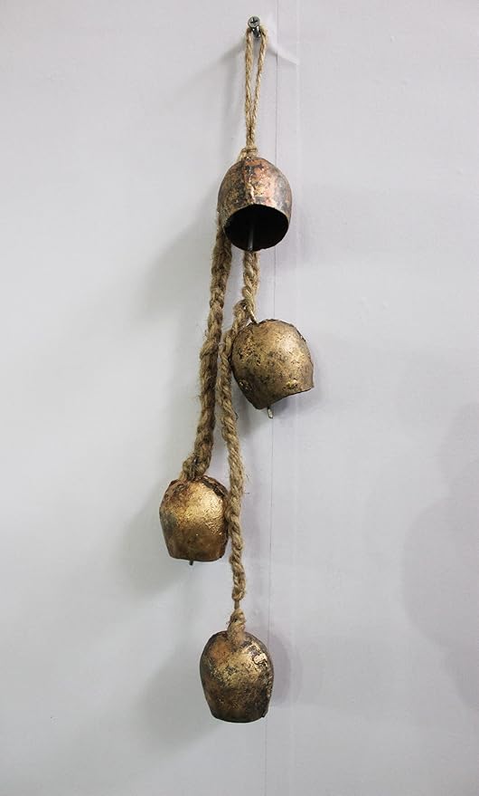 Mango Gifts Rustic Iron 4 Vintage Shabby Chic Metal Barn Bells Decorative Windchime with Rope Relaxing Tranquil Wind Chimes, Country Style, Bohemian Theme Decor 45 cm Height