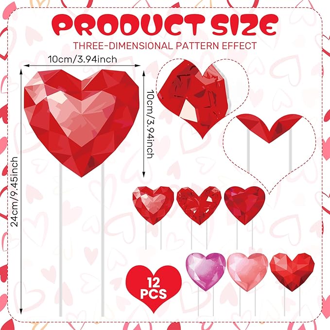 Bucherry 12 Pcs Valentine's Day Diamond Heart Shape Planter Stakes 3D Effect Heart Decorative Garden Yard Stakes Valentines Flower Pots Signs for Home Anniversary Party Outdoor Lawn Decor