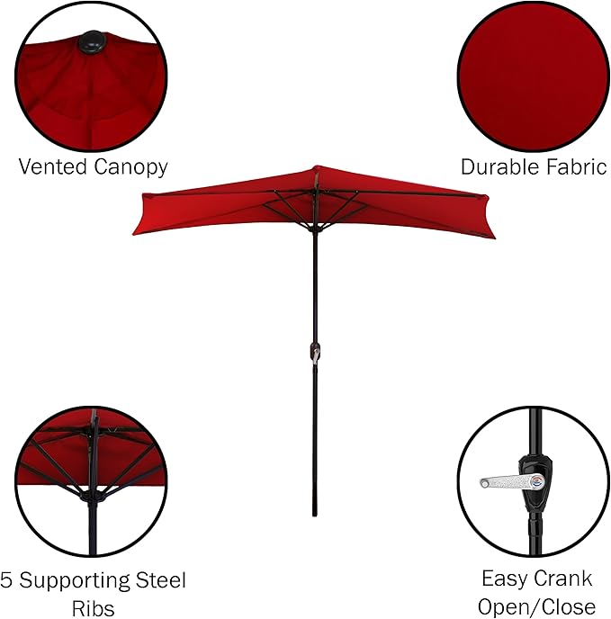 9-Ft Half Patio Umbrella Easy Crank Semicircle Balcony Shade with 20lb Weighted Base for Deck, Porch, or Against a Wall by Pure Garden (Red)