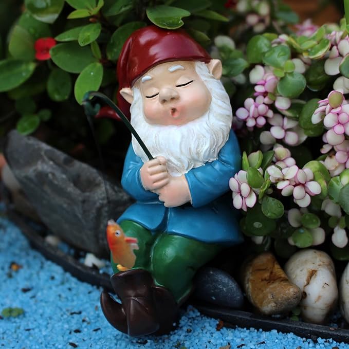 Garden Gnome Mini Sitter Statue, Fishing Gnome Garden Statue, Funny Outdoor Garden Decoration Micro Landscape Ornaments for Patio Yard Lawn