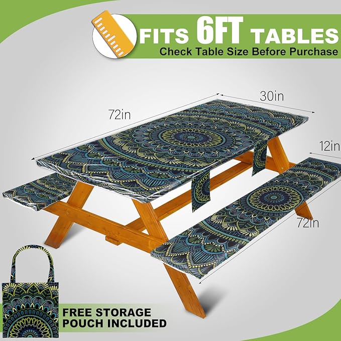 Picnic Table Cover with Bench Covers Vinyl Elastic Edges Fitted Rectangle Seat Tables Waterproof 3-Piece72X30in Set Outdoor Rectangular Folding Backing Tablecloth for Camping Over Size