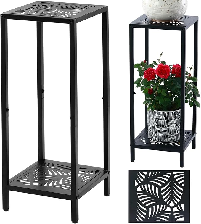 Party Zealot 2-Tier Tall Metal Square Plant Stand Heavy-Duty Modern Flower Pot Rack for Indoor Living Room, Corner Side Table for Outdoor Patio, Garden, and Balcony Black, 12" D x 31" H