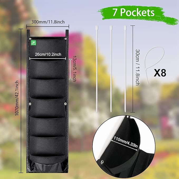 2 Packs Hanging Planter for Outdoor Plants, 7 Pocket Vertical Wall Planter, Balcony Planter, Railing Planter, Garden Balcony Decor