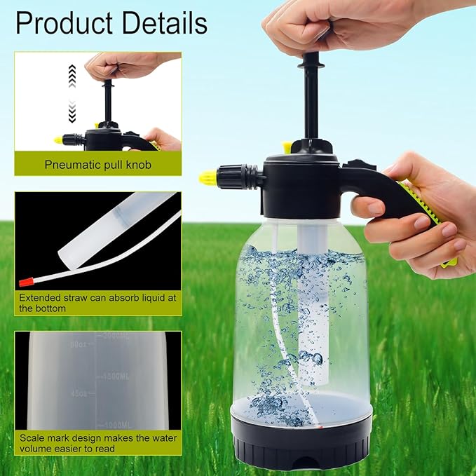 0.5 Gallon Handheld Pump Sprayer, 2L Garden Pressure Sprayer, 68oz Water Spray Bottle with Safety Valve, Adjustable Nozzle, for Watering,Plant Spraying, Home Cleaning, Fertilizing (Clear)