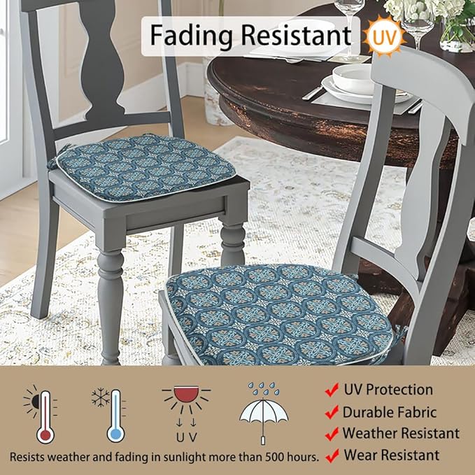 Magpie Fabrics Outdoor/Indoor 17"x16"x2" Chair Cushions with Ties Set of 2, Waterproof All Weather U-Shape Seat Pads Decoration for Patio Garden Furniture Home Office (Morgan Medal Blue)