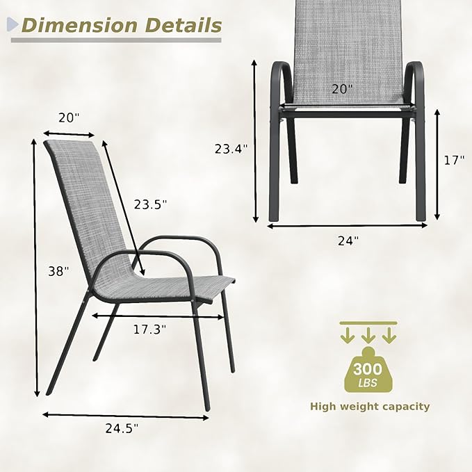 Patio Chairs Set of 4, Outdoor Stackable Dining Chairs with High Back for All Weather, Outdoor Furniture with Breathable Textile Fabric for Garden, Backyard Deck, Pool Side (Grey)