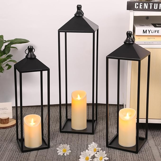 22'' 19'' 17'' Lanterns Decorative Outdoor Indoor, Set of 3 Black Metal Candle Lanterns Christmas Lanterns Modern Farmhouse Floor Lantern Decor for Room, Porch, Mantle, Patio, Garden
