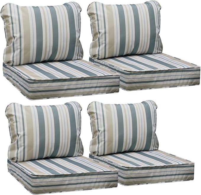 AAAAAcessories Outdoor Seat Cushions for Chairs, Fade-Resistant, Waterproof Patio Furniture Replacement Cushions, 25.5" x 25.5" x 5" + 25.5" x 19", Set of 4, Slate Gray Blue Coastal Stripe