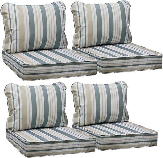 AAAAAcessories Outdoor Seat Cushions for Chairs, Fade-Resistant, Waterproof Patio Furniture Replacement Cushions, 25.5" x 25.5" x 5" + 25.5" x 19", Set of 4, Slate Gray Blue Coastal Stripe