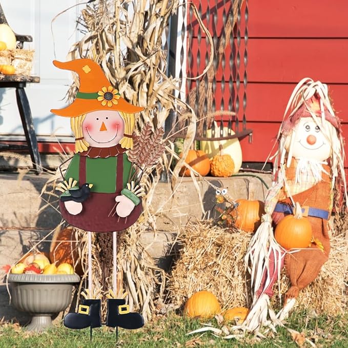 hogardeck Fall Decorations for Home Outdoor, 36" Metal Scarecrow Decorative Garden Stakes with Wheat Sunflower Crow for Fall Decor, Yard Signs for Garden Lawn Patio Porch Thanksgiving Decorations