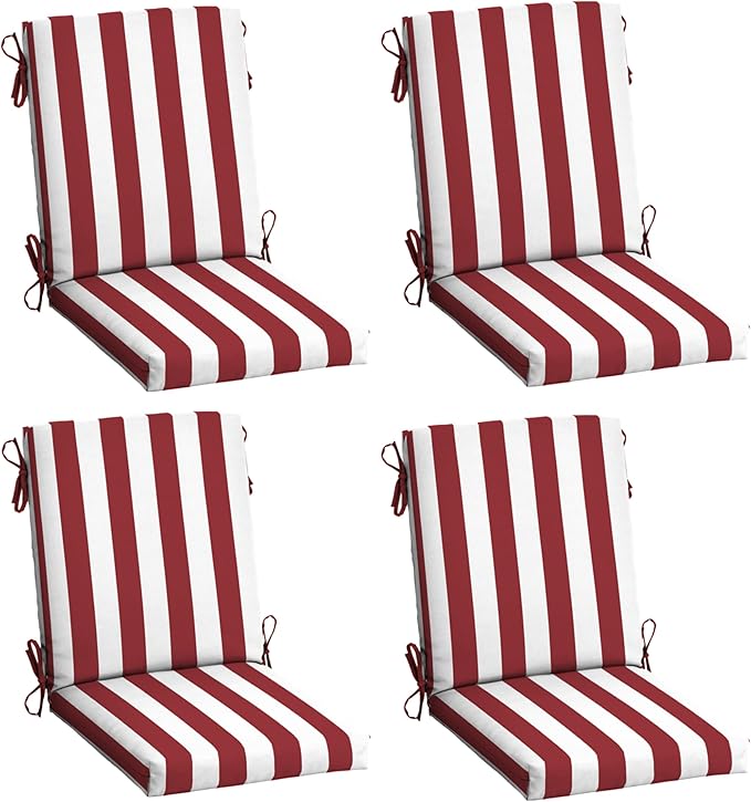 Arden 4-Pack Outdoor Patio Dining Chair Cushion, 20x44, Rain-Proof Seat Pad, Fade-Resistant Outdoor Cushion Ruby Red Cabana Stripe
