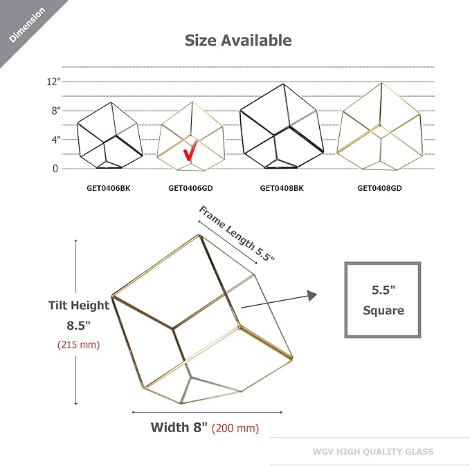 WGV Geometric Planter Terrarium, Width 8" Height 8.5" Clear Glass Gold Frame DIY Succulent air Plant Miniature Fairy Garden Windowsill Tabletop Decor, Tilted Cube 1 Piece