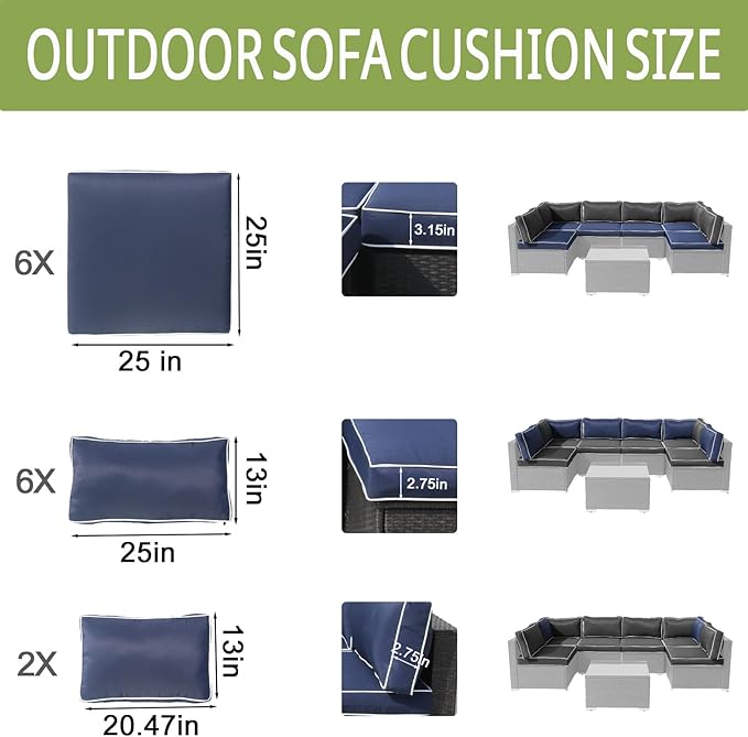 14Piece Outdoor Sofa Cushion Replacement, Patio Furniture Waterproof Cushion with Zippers, fit 6-Seat Outdoor Wicker Rattan Sectional Couch (Dark Blue and White, 24.8"x24.8"x3.15")