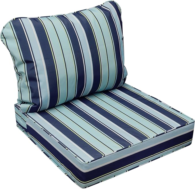 AAAAAcessories Outdoor Seat Cushions for Chairs, Fade-Resistant, Waterproof Patio Furniture Replacement Cushions, 20" x 18" x 3" + 20" x 17", Ash Teal Seaside Stripe