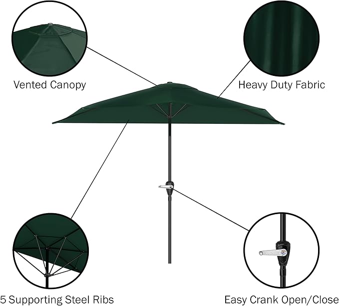 Half Umbrella Outdoor Patio Shade - 9 ft Half Patio Umbrella with Easy Crank - Small Canopy for Balcony, Table, or Deck by Pure Garden (Hunter Green)